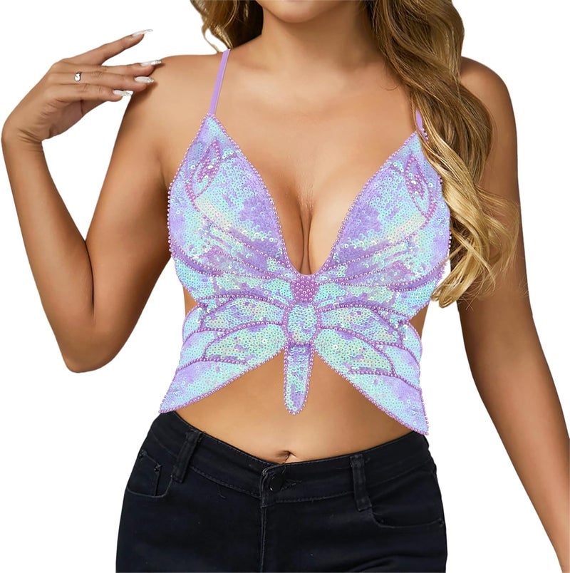 Mocure Womens Glitter Sequin Butterfly Crop Top Low-Cut Tank Top Rave Tube Vest Top for Belly Dance Costume Outfits - Image 2